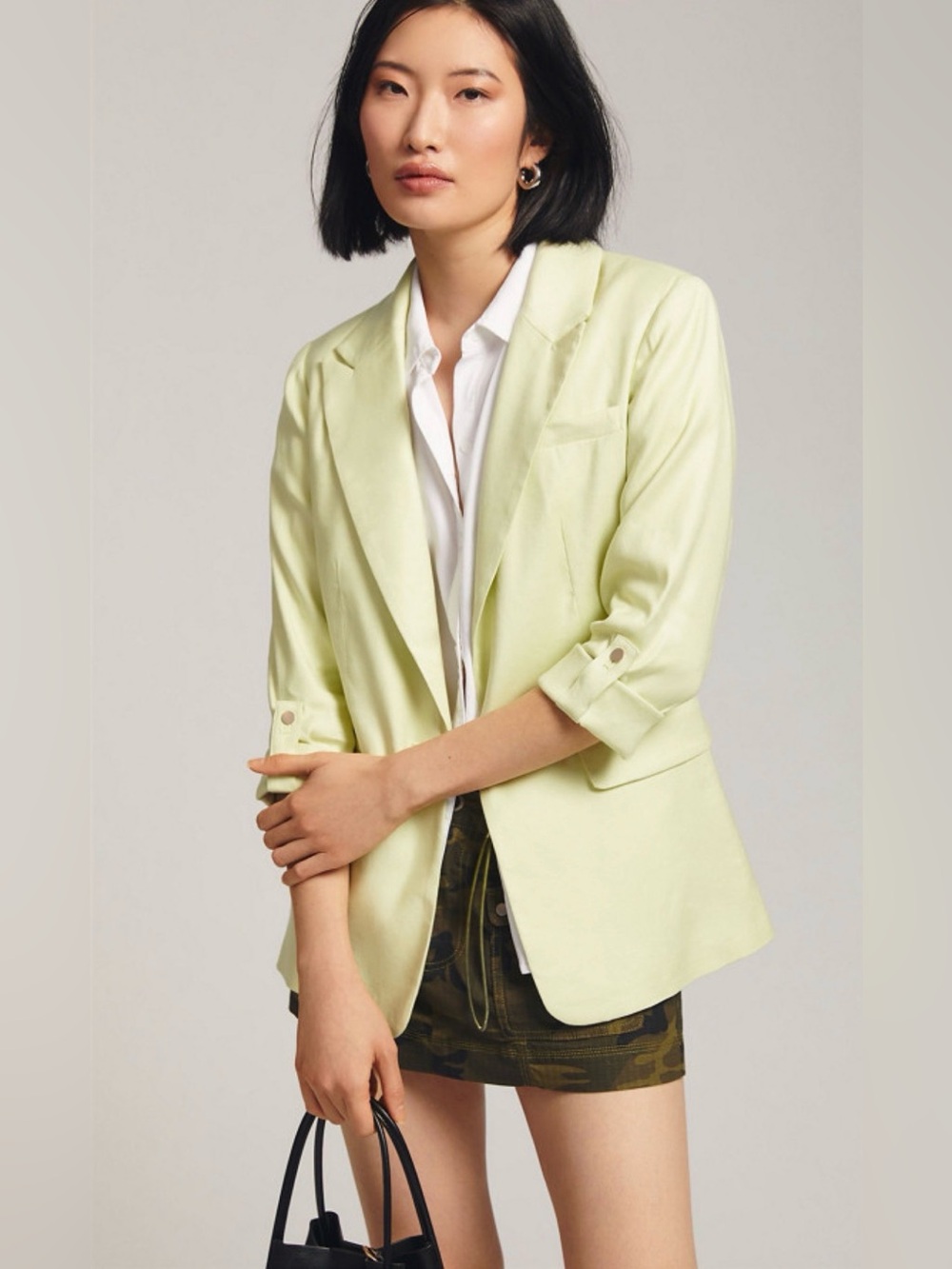 Anthropologie Maeve Women's US 4 Butter lime Yellow Roll Sleeve Linen Blazer
